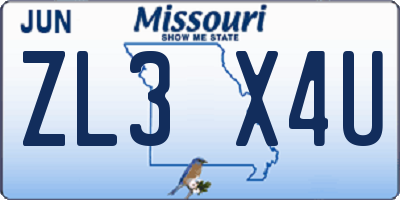 MO license plate ZL3X4U