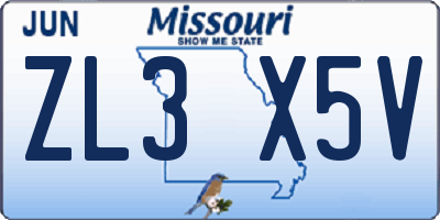 MO license plate ZL3X5V