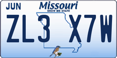 MO license plate ZL3X7W