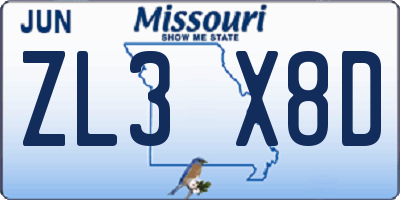 MO license plate ZL3X8D