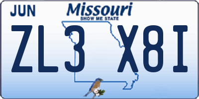 MO license plate ZL3X8I