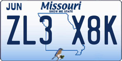 MO license plate ZL3X8K