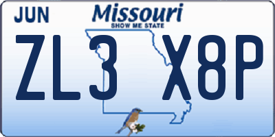 MO license plate ZL3X8P