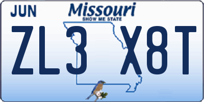 MO license plate ZL3X8T