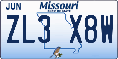 MO license plate ZL3X8W