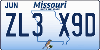 MO license plate ZL3X9D