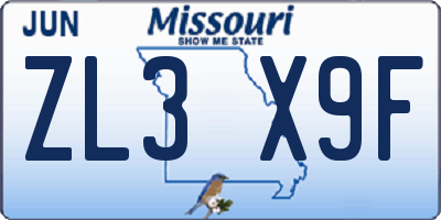 MO license plate ZL3X9F