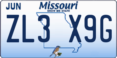 MO license plate ZL3X9G