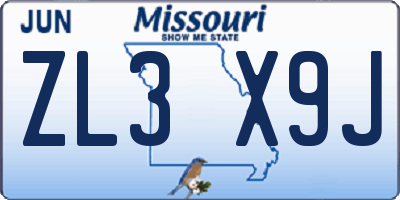 MO license plate ZL3X9J