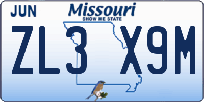 MO license plate ZL3X9M