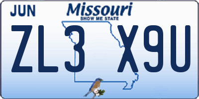 MO license plate ZL3X9U