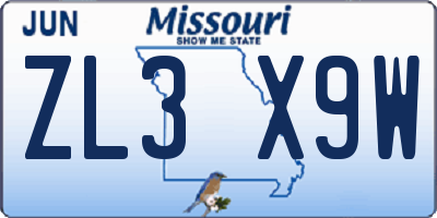 MO license plate ZL3X9W