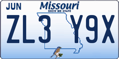 MO license plate ZL3Y9X