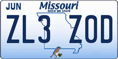 MO license plate ZL3Z0D