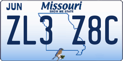 MO license plate ZL3Z8C