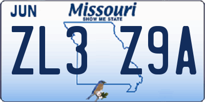 MO license plate ZL3Z9A