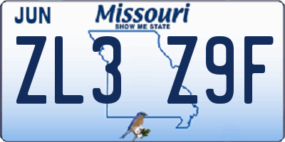 MO license plate ZL3Z9F