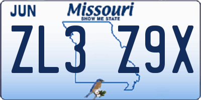 MO license plate ZL3Z9X