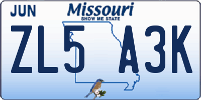 MO license plate ZL5A3K