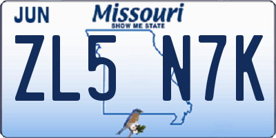 MO license plate ZL5N7K