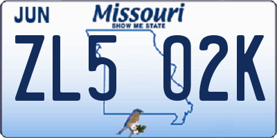 MO license plate ZL5O2K