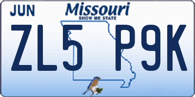 MO license plate ZL5P9K