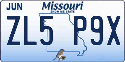 MO license plate ZL5P9X