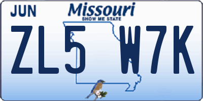 MO license plate ZL5W7K
