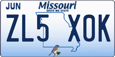 MO license plate ZL5X0K