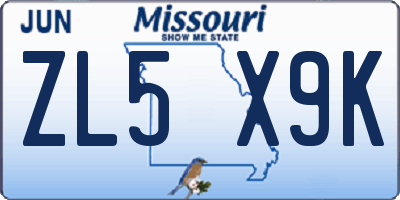 MO license plate ZL5X9K