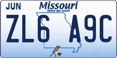 MO license plate ZL6A9C