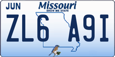 MO license plate ZL6A9I
