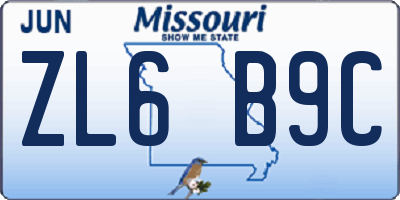 MO license plate ZL6B9C