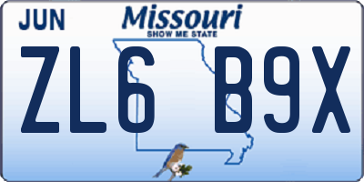 MO license plate ZL6B9X