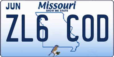 MO license plate ZL6C0D