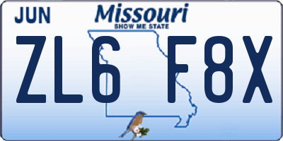 MO license plate ZL6F8X