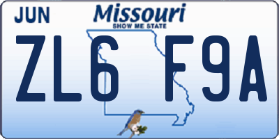 MO license plate ZL6F9A