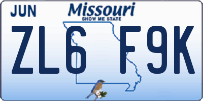 MO license plate ZL6F9K