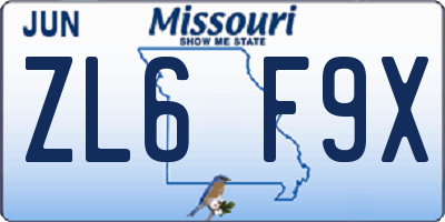 MO license plate ZL6F9X