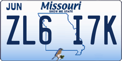 MO license plate ZL6I7K