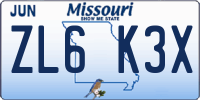 MO license plate ZL6K3X