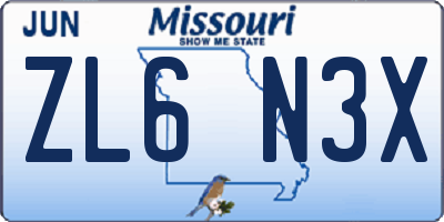 MO license plate ZL6N3X