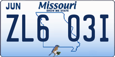 MO license plate ZL6O3I