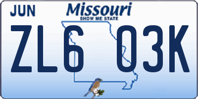 MO license plate ZL6O3K