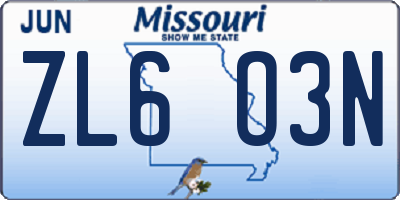 MO license plate ZL6O3N