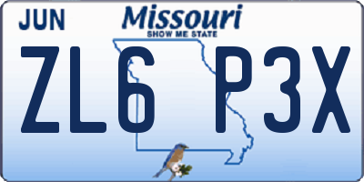 MO license plate ZL6P3X