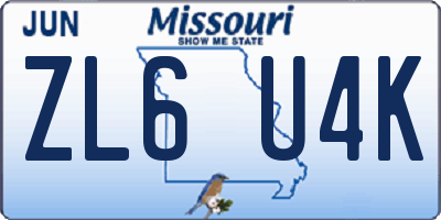 MO license plate ZL6U4K