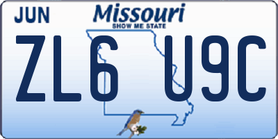 MO license plate ZL6U9C