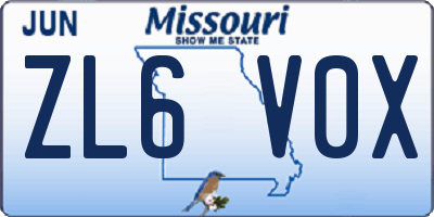 MO license plate ZL6V0X