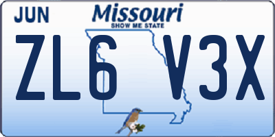 MO license plate ZL6V3X